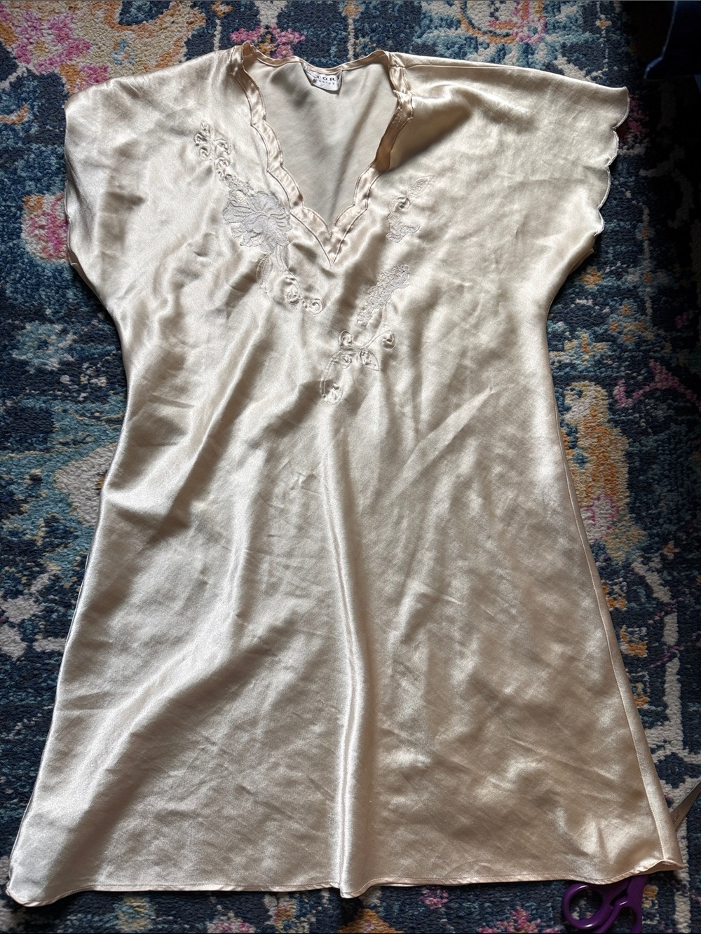 Natori Champagne Silk Chemise with Embroidered V-Neck